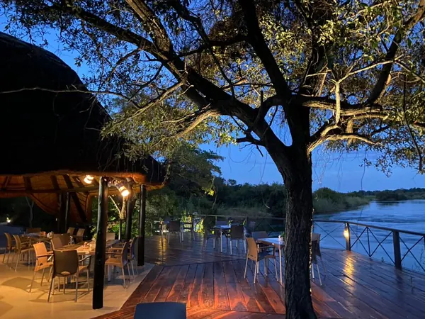 The deck lit up in the evening