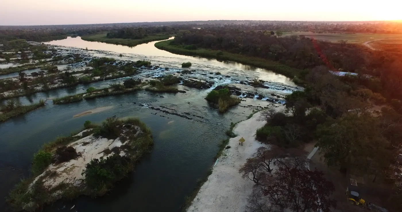 Aerial view of the Popa Falls rapids on the Okavango River